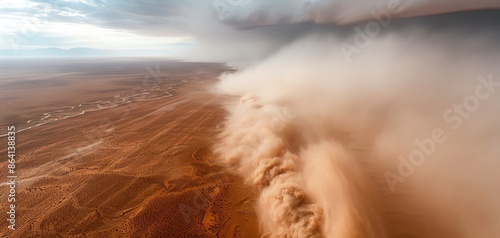 A dramatic aerial view of a powerful sandstorm sweeping across a vast desert landscape under a cloudy sky.