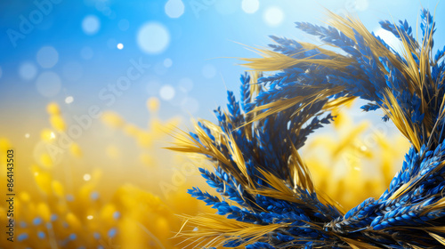 A floral wreath made of blue and yellow flowers, wheat, and feathers