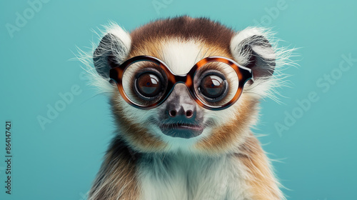 cute slow loris funny animal with glasses on blue background