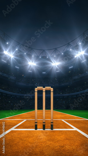Modern sport stadium at night and cricket field with wooden wicket ready for the match. Sports background as 3D illustration in vertical format for social media advertising.