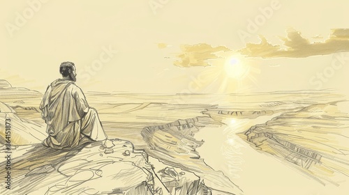 Deuteronomy:Conquest of Og’s Kingdom,Moses Viewing Promised Land from Mount Pisgah in Deuteronomy, Serene Sunset Scene, Beige Background, Copyspace