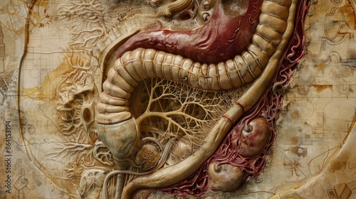 A detailed illustration of the human digestive system.