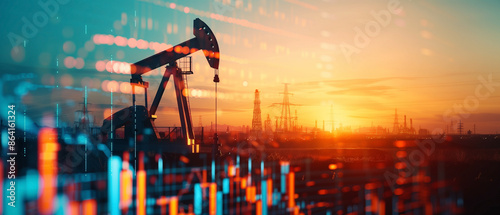 Oil pump jack work on oilfield petroleum extraction on digital graph showing oil prices background.