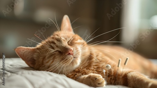 Relaxed Tabby Cat Receiving Acupuncture Therapy for Wellness and Tranquility