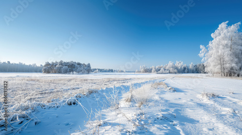 Snowcovered meadow under clear winter sky