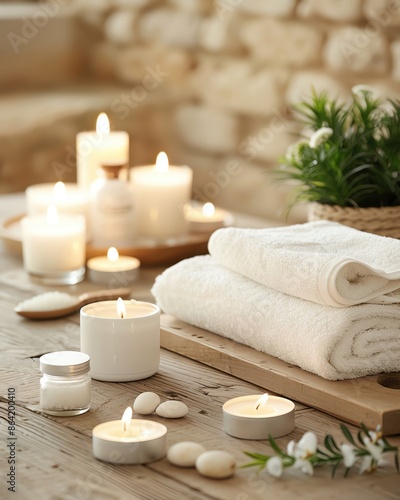 Tranquil spa setting with candles, towels, and stones, evoking relaxation and serenity. Perfect for wellness, beauty, and relaxation themes.