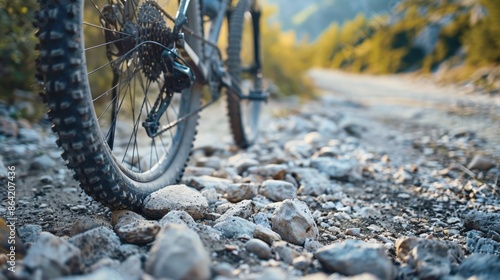 Close up of mountain bike tire tread on a rocky trail