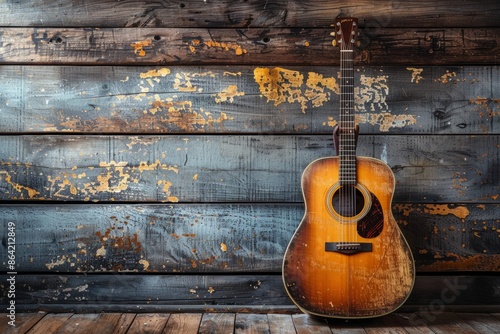 Vintage Acoustic Guitar Against Rustic Wooden Background Music Concept for Design, Poster, or Print