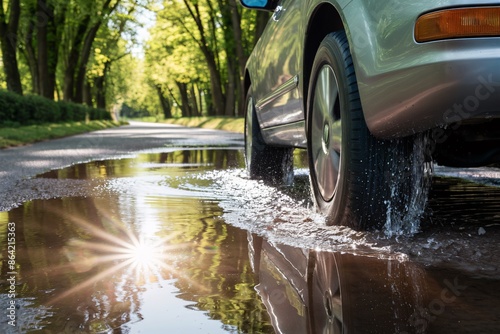 A silver car is driving through a puddle of water, splashing water up onto the car's wheel well.