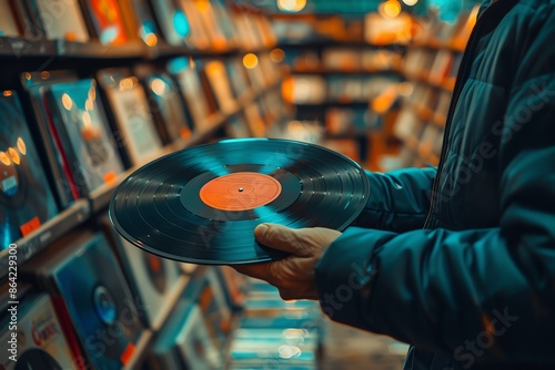 Holding a classic vinyl record with grooves and a vintage label in one hand