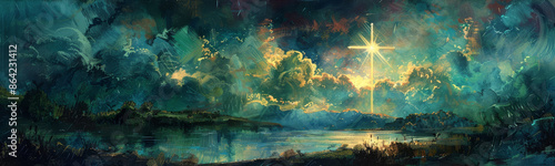 A divine,heavenly landscape featuring a radiant,glowing cross rising above a tranquil,pastoral scene,representing the divine presence and the promise of eternal life, in a rich,textured.