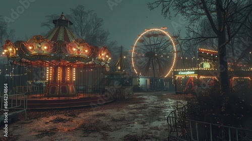 carnival ride at night with a ferris wheel in the background