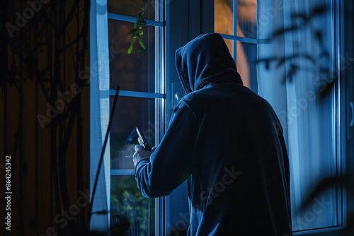 Hooded burglar breaking into a house at night through a window, home security breach, theft, criminal activity, intruder with dark hoodie, nighttime crime scene, residential safety risk