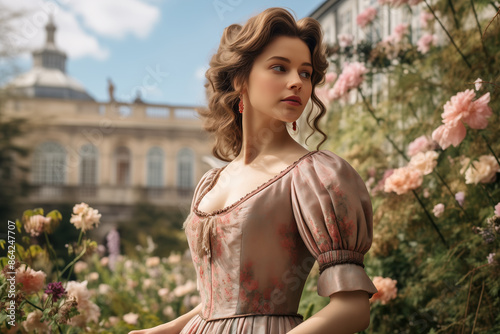 Beautiful Young Woman in Regency Era Dress Standing in Garden with Flowers and Elegant Estate in Background.