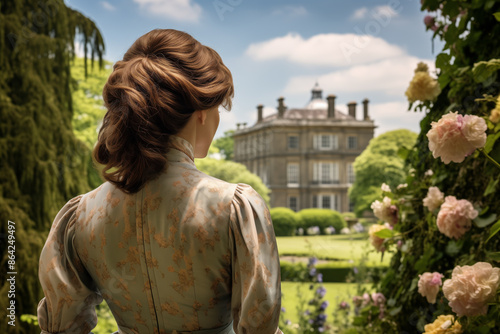 Regency Era Young Woman Seen from Behind Admiring Grand Estate and Garden in Bloom.