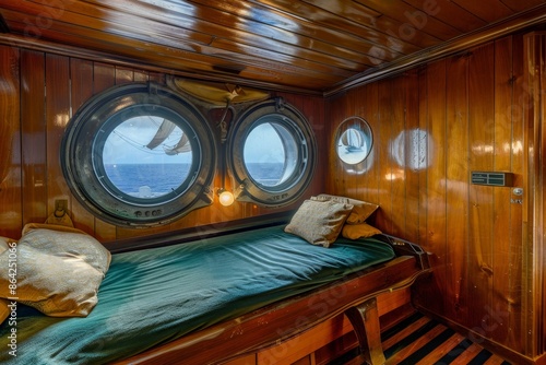 Elegant Vintage Ocean Liner Stateroom with Teak Paneling and Porthole