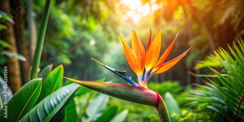 Exotic strelitzia flower blooming in the lush jungle environment, strelitzia, flower, jungle, exotic, blooming
