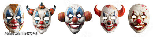 Set collection of scary clown face mask on transparent background cutout. PNG file. Many assorted different design. Mockup template for artwork