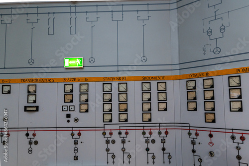 Panel sterowania, elektrownia, instalacja przemysłowa, pulpit sterowniczy, przyciski, przełączniki, wskaźniki, mierniki analogowe, schematy elektryczne, połączenia, , kontrolki, 