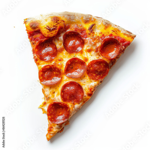 A pepperoni pizza slice with gooey melted cheese and crispy crust, isolated on white background