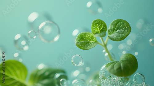 A vibrant green sprout emerges from the water, surrounded by delicate bubbles. The image conveys a sense of growth, purity, and new beginnings.