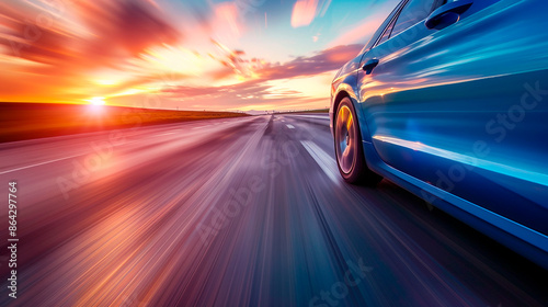 A blue car speeding down a highway at sunset. The scene captures the essence of freedom and adventure