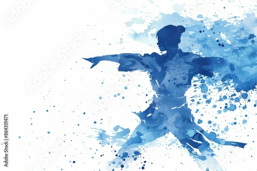 Artistic blue watercolor depiction of a karate athlete performing kata at the Paris 2024 Olympics, capturing the discipline and technique of the sport, Generative AI