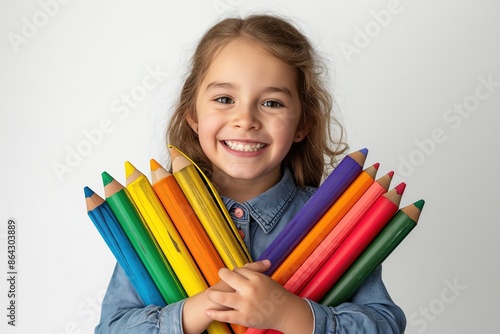 A young school girl smiles brightly while holding a bundle of oversized crayons in front of her.