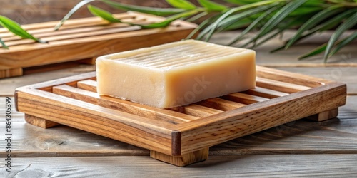 Natural soap on a wooden soap dish.