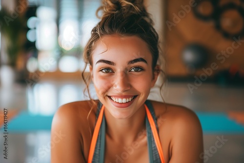 Smiling young woman in gym happy fitness training healthy lifestyle workout confident athletic background yoga mat motivational positive energy wellness inspiration portrait