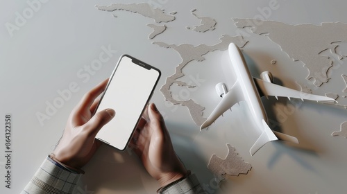 Businessman planning a trip online via a 3D model of a cellphone with a white screen.