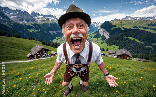 Ein fröhlicher Mann in traditionellen Tiroler Lederhosen und Hosenträgern jodelt auf einer blühenden Alpenwiese.