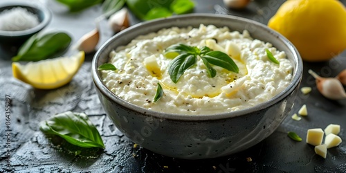 Creamy whipped feta dip with garlic and lemon in a gray bowl. Concept Whipped Feta Dip, Creamy Texture, Garlic, Lemon, Gray Bowl