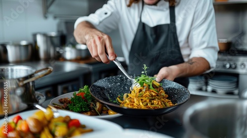 A focused chef skillfully perfecting the presentation of a pasta dish in a professional kitchen, demonstrating the combination of talent, creativity, and culinary expertise.