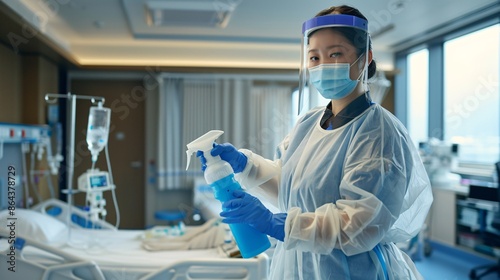 Asian woman in protective gear, holding and cleaning with a blue microfiber. Hospital concept.