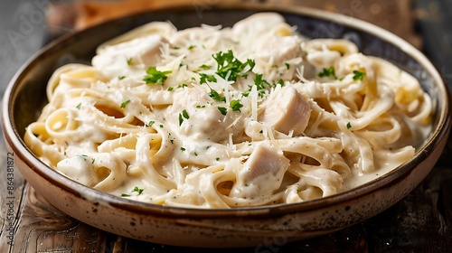 creamy chicken alfredo pasta with tender chicken, parmesan, on rustic ceramic dish