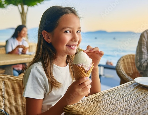 A girl eating ice cream in a cafe, with the sea in the background. Holidays, summer, rest