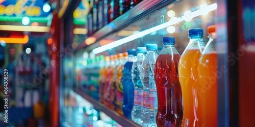 A row of bottles of soda and water are on a shelf