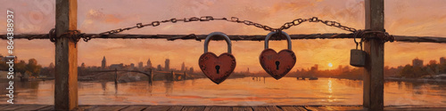 A heart-shaped love lock hanging on a romantic bridge at sunset, with the warm hues and thick oil paint capturing the romantic ambiance and textured metal, Generative AI