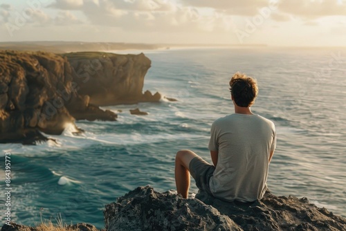 A man sits on a cliff overlooking a vast ocean, contemplating the beauty and vastness of the sea as the sun sets on the horizon