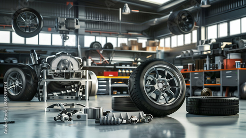 Car Tire and Engine Parts in Garage.