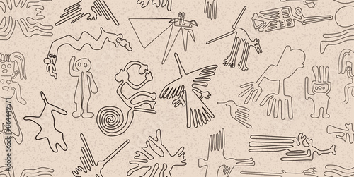 amazing world famous peruvian ancient indigenous nazca brown lines seamless pattern over worn out background