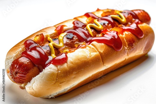 A juicy hot dog smothered in ketchup and mustard, perfect for a backyard BBQ or ballpark snack