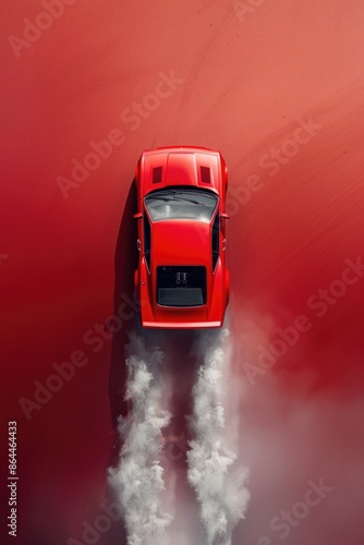 A red sports car with smoke coming out of the exhaust pipe, ready to hit the road