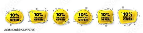 10 percent discount tag. Speech bubble 3d icons set. Sale offer price sign. Special offer symbol. Discount chat talk message. Speech bubble banners with comma. Text balloons. Vector