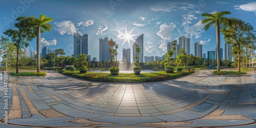 HDRI City Park with Modern Buildings 360° Panoramic view of a city park featuring a tiled walkway, lush greenery, and modern high-rise buildings under a bright blue sky with scattered clouds and a shi