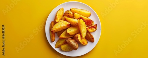 Plate of baked potato wedges on yellow background