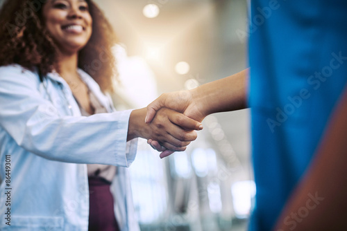 Woman, handshake and medical in hospital for partnership with nurse, introduction and onboarding meeting success. Doctor, people and agreement, support and promotion for clinic welcome achievement