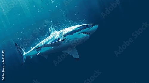  A painting of a great white shark swimming in the ocean with sunlight illuminating its dorsal side