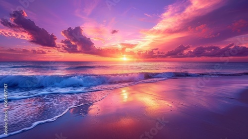  The sun sets over the pink and purple ocean, waves crash on the beach, and sky displays these hues